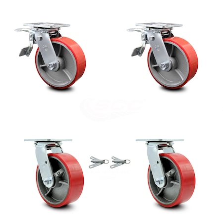 6 Inch Red Poly on Cast Iron Caster Set with Ball Bearing 2 Brakes 2 Swivel Lock